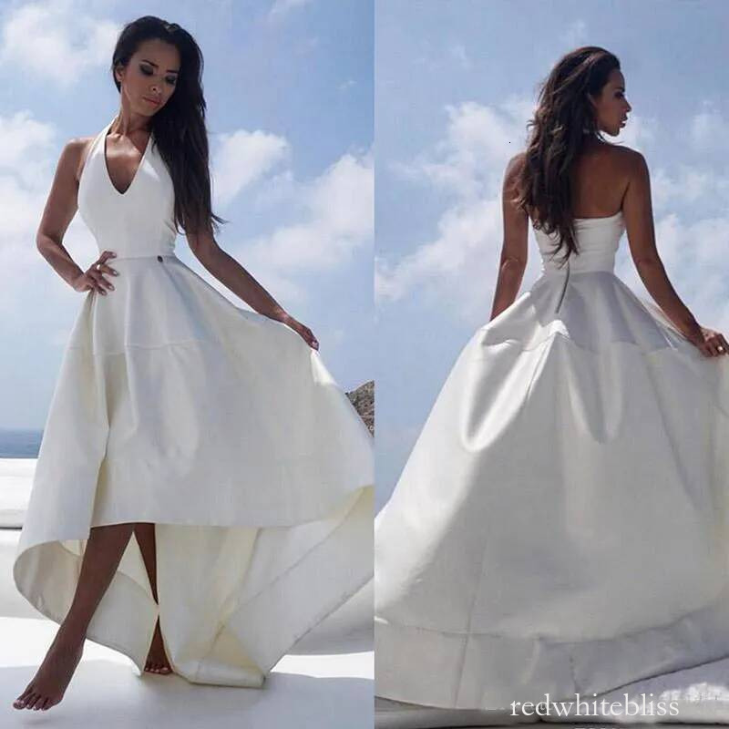 White Satin High Low Beach Wedding Halter V Neck Sexy Backless Reception Dress For Women Summer Bridal Party Gowns