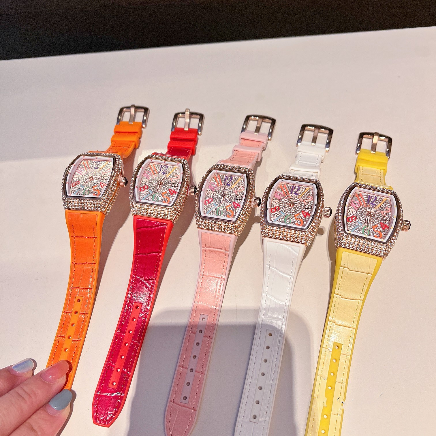 watch luxury tonneau women quartz watch full rhinestone paved dial colorful number leather strap bling lady wristwatch multi color