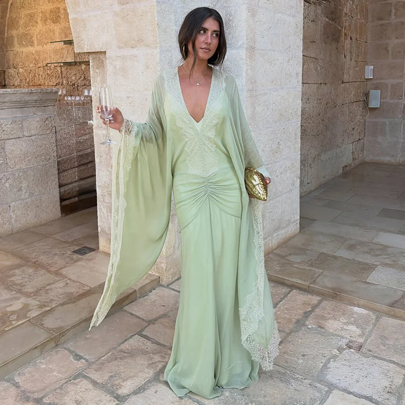 Sexy Deep V Neck Lace Trim Chiffon Maxi Gown Elegant Trendy Ruched Waist Mermaid Dress Autumn Chic Party Formal Evening Dresses 260920