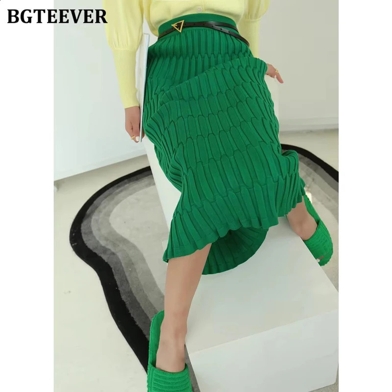 BGTEEVER Elegant High Waist Wrapped Knitted Skirts Women Pencil Skirt Women Slim Fit Zipper Mid-Calf Skirt Office Lady 260918