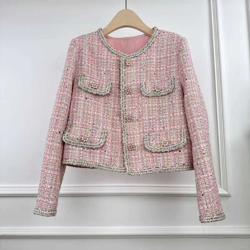 French Women Women's Small Jackets Fragrance Pink Plaid Luxury Jacket Round Neck Fashion Sweet Casual Wild Round Neck Office Lady Tweed Coat C2