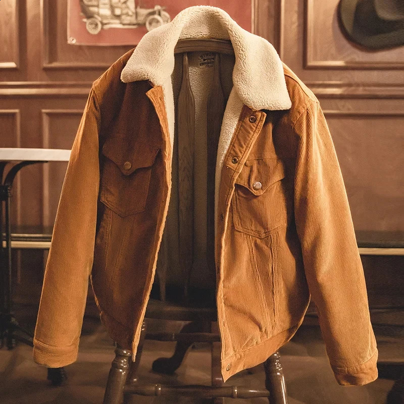 Maden Faux Lamb Wool Corduroy Jacket for Men Ginger Color Thickened Lapel Singlebreasted Coat Fall and Winter Warm 260920