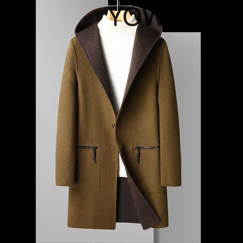 Misto lana QYLVAWOY 70% Cappotto di lana da uomo Addensare Giacche Cappotto di lana double face con cappuccio per uomo Abbigliamento Cappotto di med