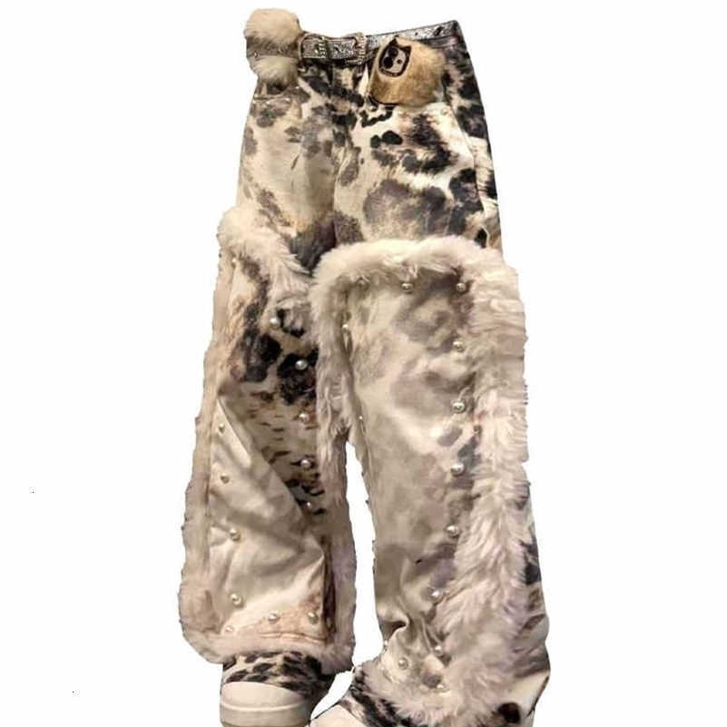 WomensBaggy Jeans Y2k Japanese Leopard Print Pearl Wide Denim Pants Harajuku Cowboy High Street American Rretro 2000s a260920