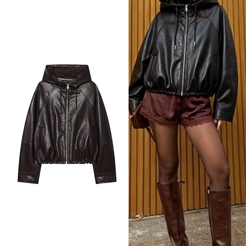 TFMLN Women High Street Black Pu Leather Coat Casual Loose Zipper Hooded Jackets Fashion Long Sleeve Windbreaker Jacket 2026 y260918