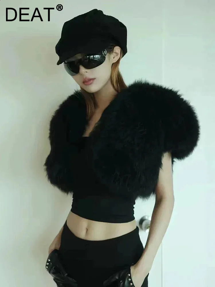 DEAT Fashion Vneck Short Sleeve Faux Fox Fur Vest Womens Black Loose Super Thick Warm Top Autumn 7A6047 260921