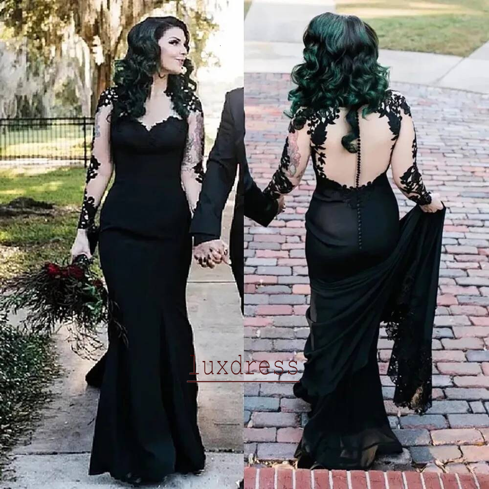 Bridal Gowns Black Wedding Dresses Formal Mermaid Trumpet Sweetheart Long Sleeve Satin Applique Beaded Illusion Plus Size New Custom Button
