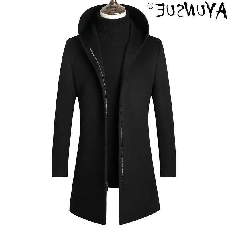 AYUNSUE Blends Men's 100% Wool Wool Jacket Men's Clothing Men's Autumn Winter Hooded Zipper Mid Length Business Slim Wool Coat Casaco