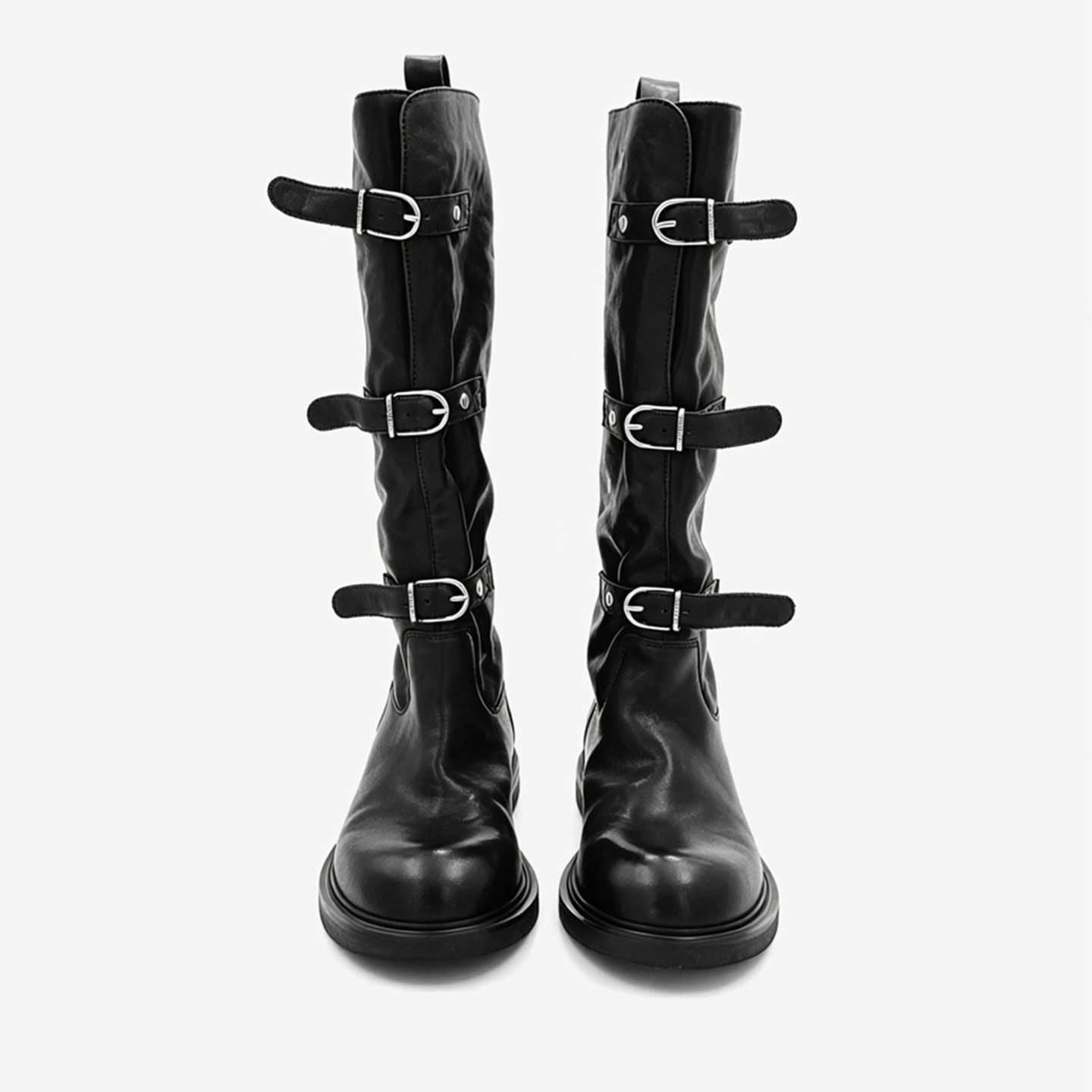 Versión de piel de vaca ~ Botas de montar altas de estilo británico que adelgazan la hebilla del cinturón botas largas de tacón grueso para mujeres