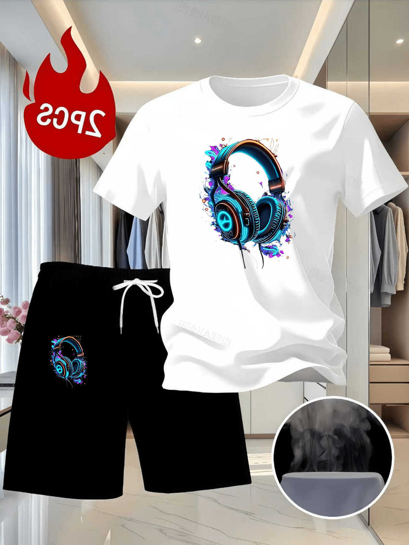 American Men's Hoodies Sweatshirts Men Streetwear 2Pcs Set Colorful Graffiti Headphone Print T-Shirt Shorts Loose Breathable Summer Sport Outfi