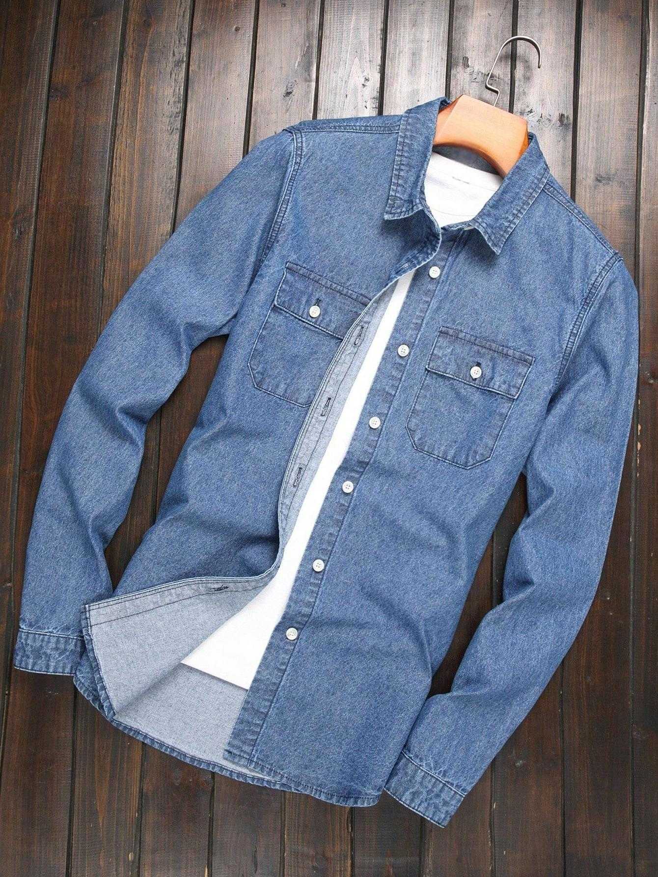 Light Men's Casual Shirts Men's Wash Blue Denim Shirt Long Sleeve Button-Down Lapel Top Casual Thin Streetwear Shirt with Dual Chest Pocke