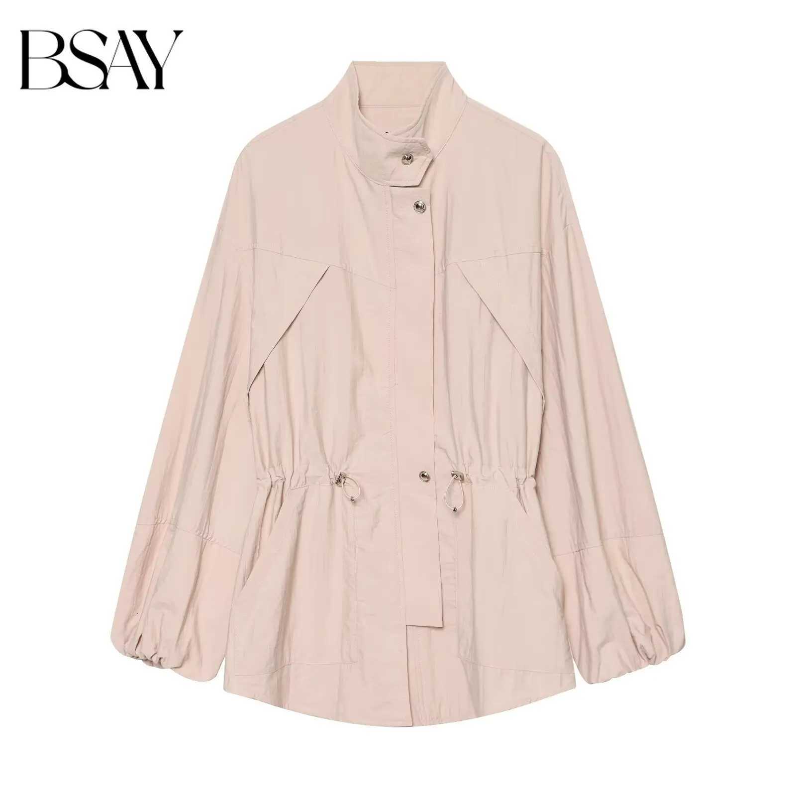 Women Women's Jackets BSAY Autumn Stand Collar Field Jacket Long Sleeve Drawstring Waist Lantern Cuff Snap Button Loose Solid Casual Outer Coat