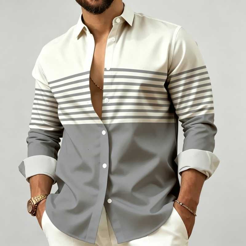 Men's Shirts Men's shirt Casual men's patchwork striped shirt lapel long sleeved button down shirt trendy street slimming casual men&