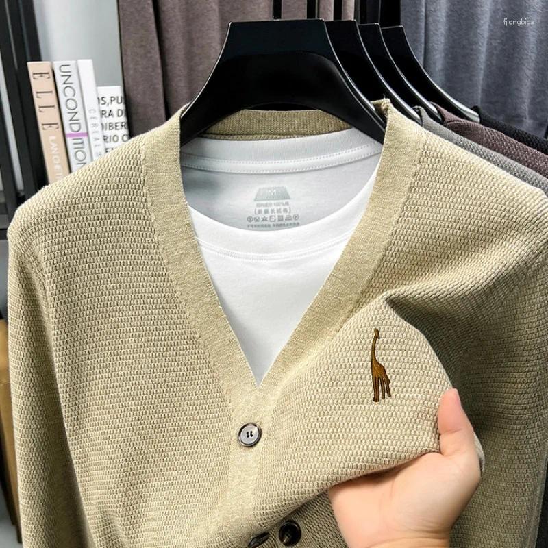 Fashion Solid Color Knitted Sweater Cardigan Button Warm Soft Embroidery Long Sleeve V-Neck Tops Casual Versatile Men's Wear