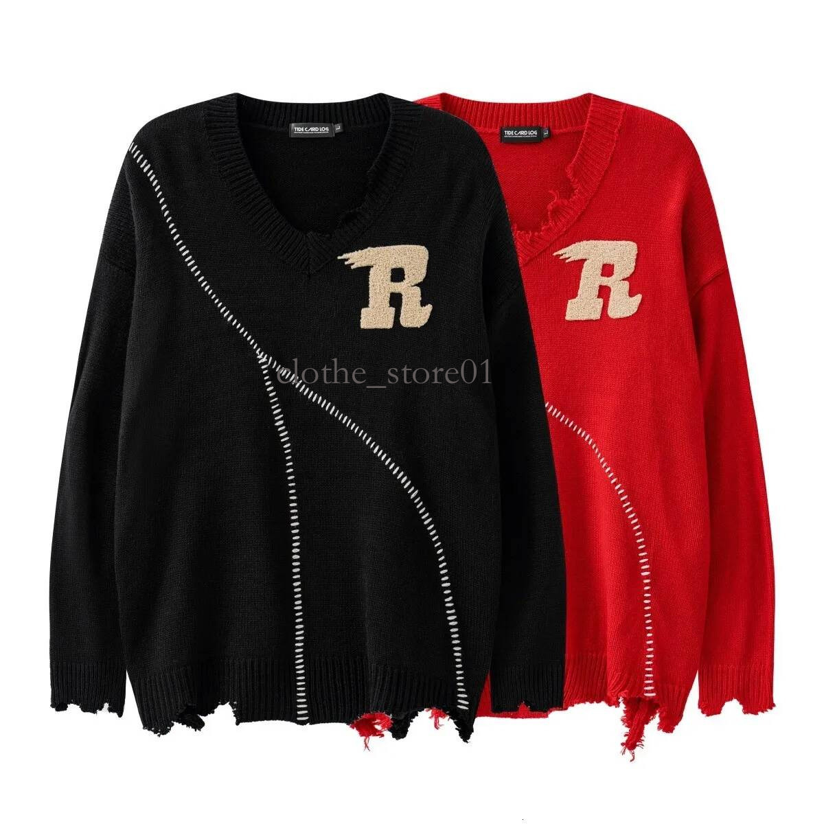 RAF SIMONS 3D Cropping Vintage Badge Damaged Irregular Loose Red Sweater Knit Men Women Top Quality Casual Sweatshirts High Street Black And Red Shi