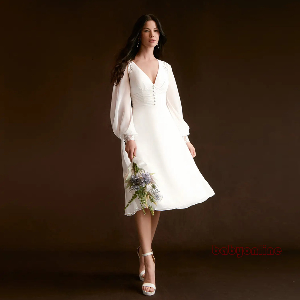 Simple Designed Summer Beach Boho Wedding Dresses A Line Full Sleeve V Neck Bridal Gowns with Buttons Knee Length Summer Bride Vestido De Novia