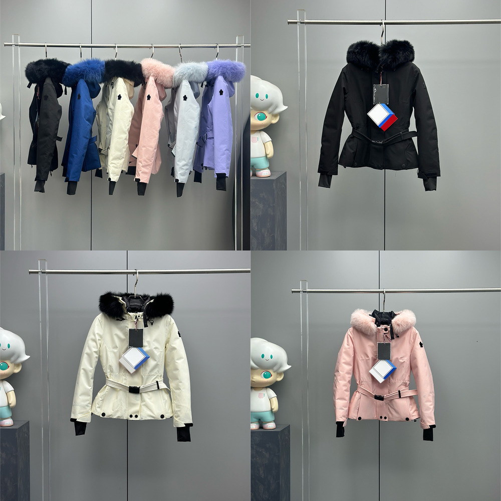 Womens Designer Down Jacket Parkas With Belt Fur Hat Collar Elegant Tight Slim fit Short Winter Woman Coat With Sashes Ski Warm Jacket