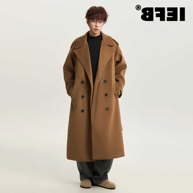 Wool Blends IEFB Korean Men's Style Men's Woolen Coats Solid Color Lapel Casual Belt Overknee Thick Double Breasted Loose Male Overcoats 9