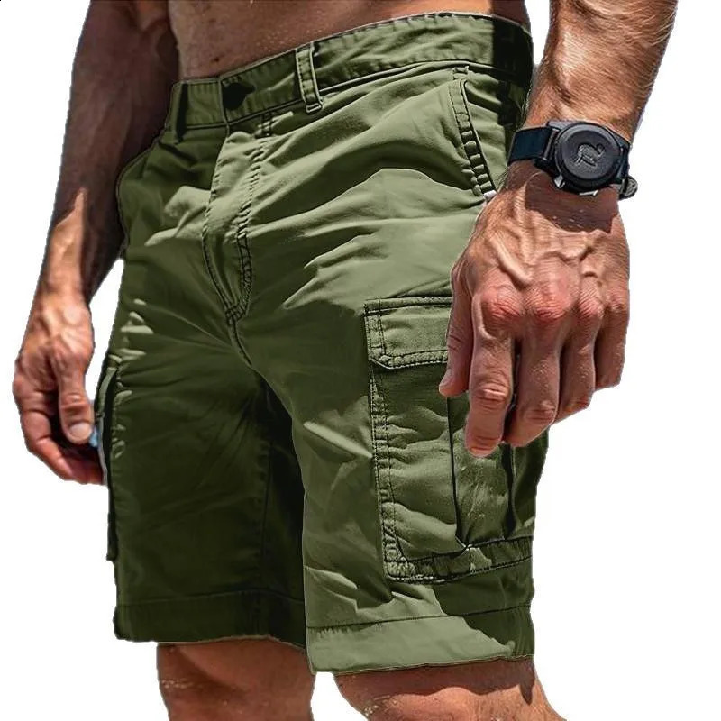 Mens Multi Cargo Pocket Knee Length Casual Shorts Button Zipper Loose Fit Outdoor Bottoms for Beach Style Daily Street Wear 26921