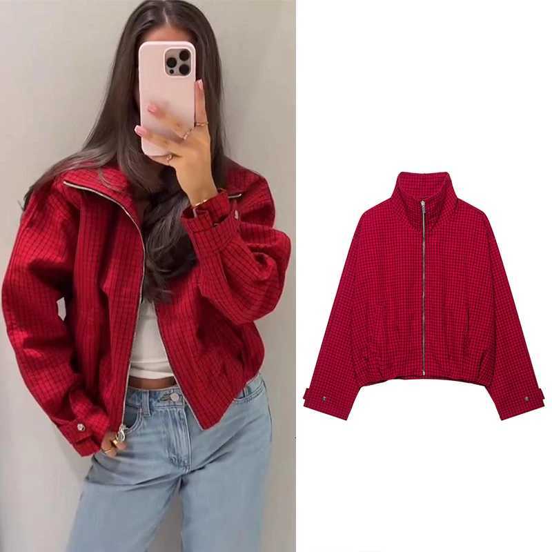 Jacket Women's Jackets 2026 Women's New Fashion Autumn Winter Stand Collar Red Plaid Pilot Jacket for Women Personality Chic Lady Outerwea