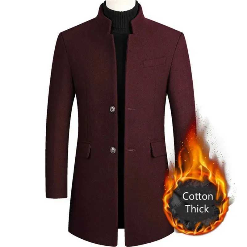 Mens Blends Men's Autumn Wool Winter Long Woolen Coats Mens Business Office Casual Slim Solid Wool Windbreaker Thicken Warm Trench Jacket D2609