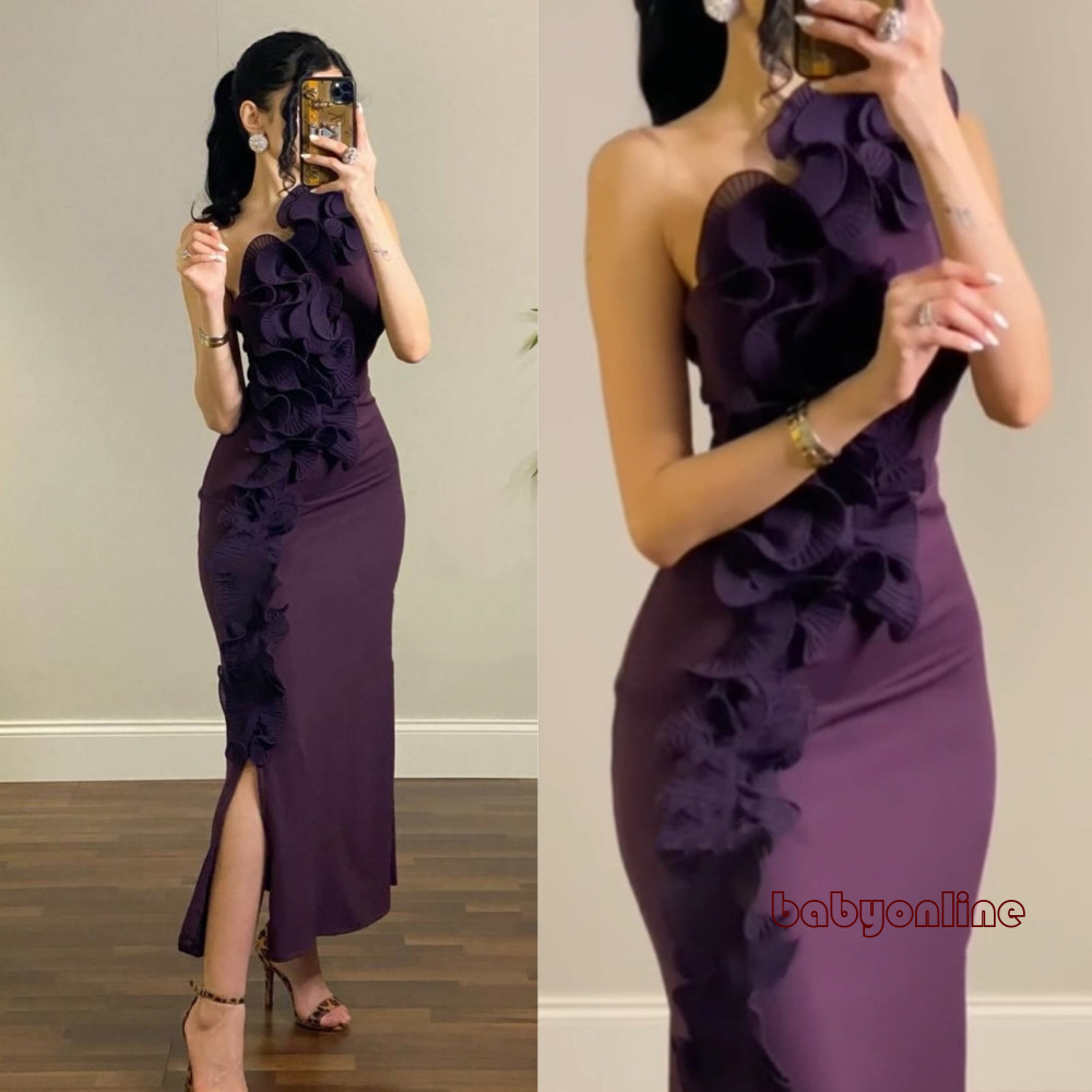 Elegant Purple Jersey Flower Cocktail Dresses Mermaid One-shoulder Ankle Length Women Formal Occasion Evening Prom Gowns Mother Dress Formal 918