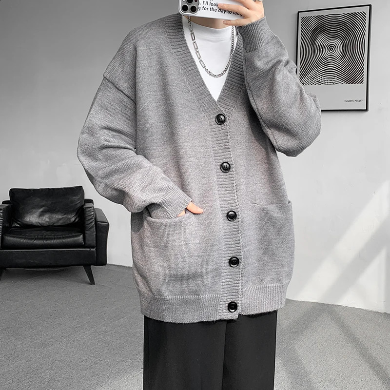 Plus Size 8XL-M Korean Style V-neck Cardigans Men Pocket n Simple Sweater Autumn Male Casual Daily Knitted Coat260921