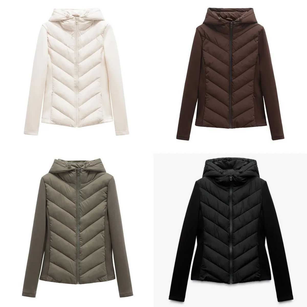 ETJ 2025 new women's elegant fashion patchwork long slve standing collar hooded cotton jacket sport coat 8073227 T260829