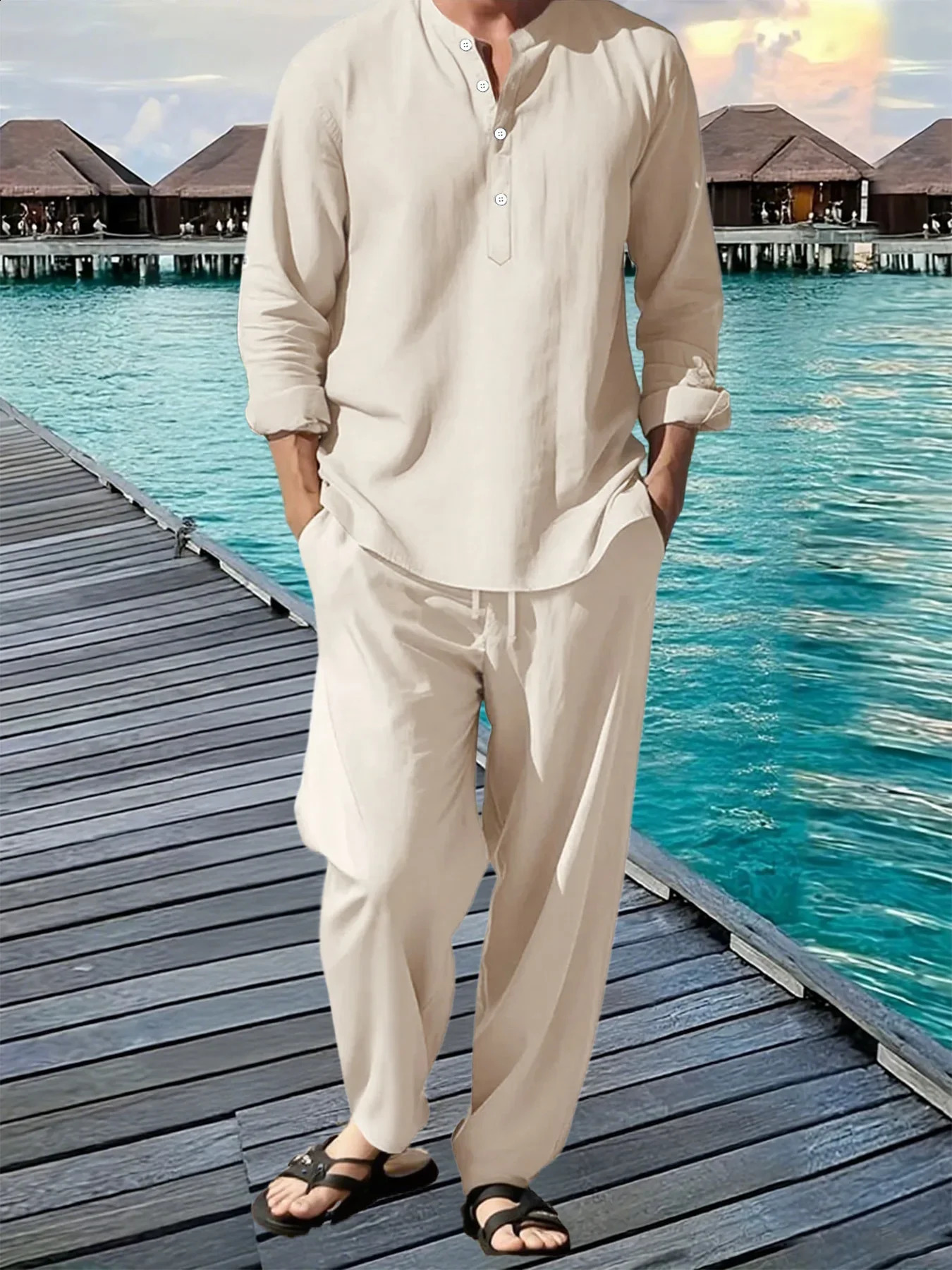 Men's Shirt Pants Suit Summer Breathable Beach Hawaiian Vacation Casual Long Sleeves Set Solid Color Loose Jogging Trousers 260918