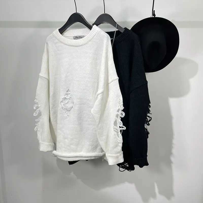 Unisex Holes Knitted Hip Hop Warm Autumn Winter Fashion Long Sleeve Men Shirt 2023 Oversized Streetwear Vintage Couple Woman Top S2609212L4Q