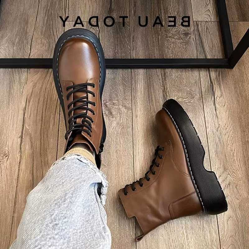 Botas de mujer BeauToday botines de cuero de vaca plataforma cremallera lateral costura de encaje cruzado zapatos de otoño femeninos hechos a mano 0