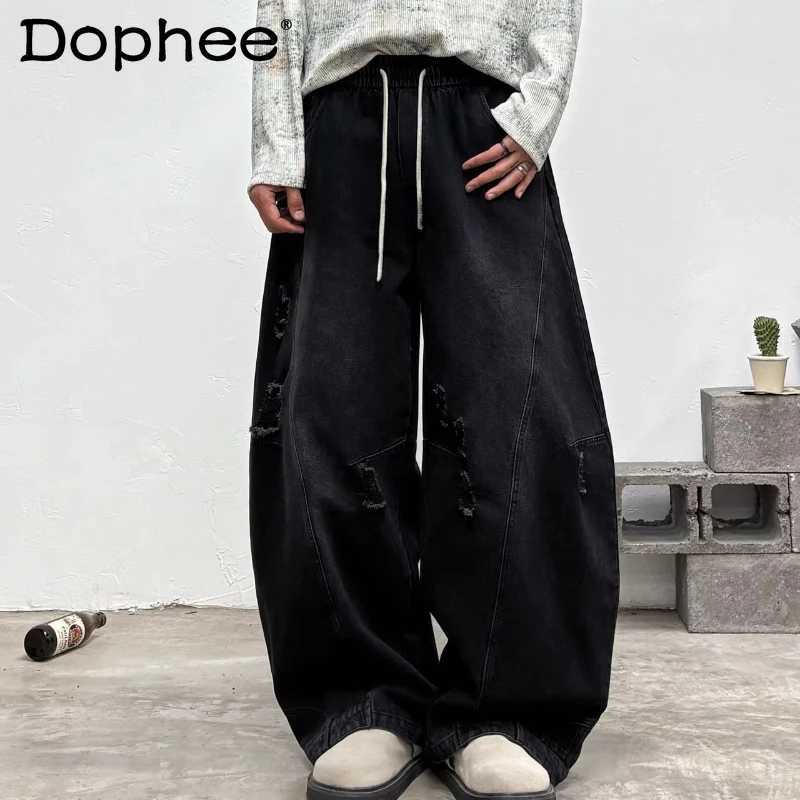 2026 Men's Spring New Trendy High Street Design Jeans Solid Color Loose Straight Denim Trousers Hole Decoration Chic Denim Pants S260921TUBI