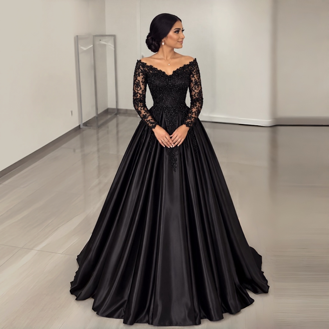 Black Satin A-Line Gothic Wedding Dresses Floor Length Beaded V-Neck Lace Long Sleeves Elegant Bridal Reception Gowns Custom Made Women Formal Dress