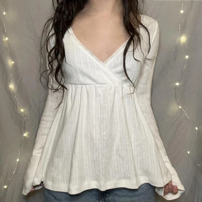 Women Fairy Y2k Cottage T-shirt Coquette V Neck Long Sleeve doll Tees Autumn Spring Casual Pullovers Tops Vintage Clothes 260920