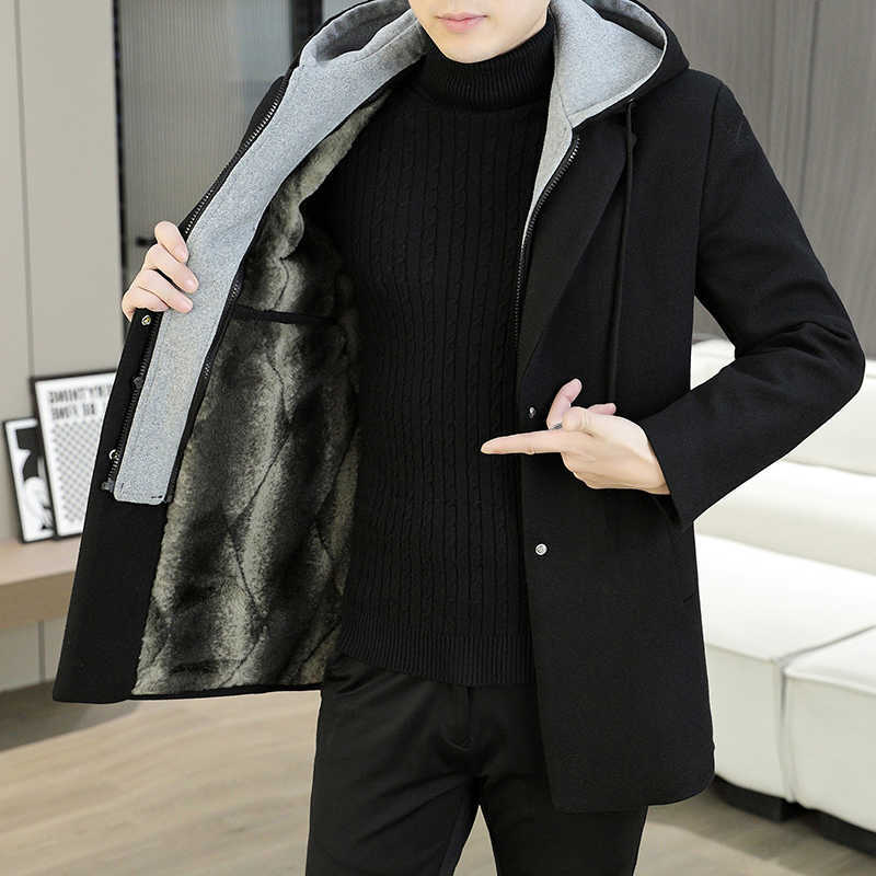 High Blends Men's Quality Wool Winter Men's Thicken Plush Hooded Woolen Coat Solid Casual Warm Overcoat Outwear Fleece Windbreaker Jacket