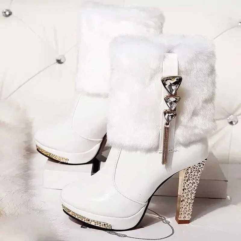 Botas de invierno para mujer, botines nuevos de invierno, botas de plataforma impermeables para mujer, tacones altos con diamantes de imitación a la
