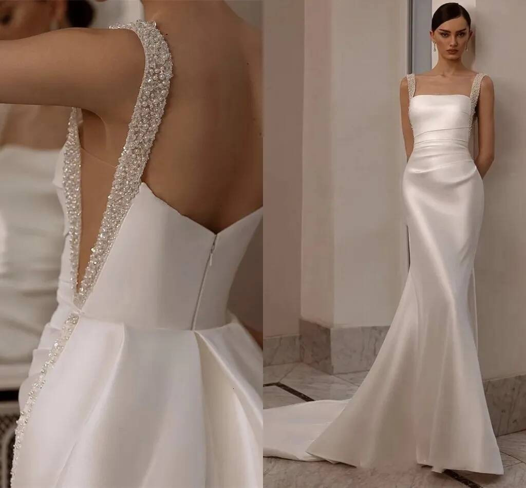 Elegant Silk Satin Mermaid Wedding Dress With Detachable Train Glitter Straps Beading Bridal Formal Gowns Graceful Vestidos De Novia Q921