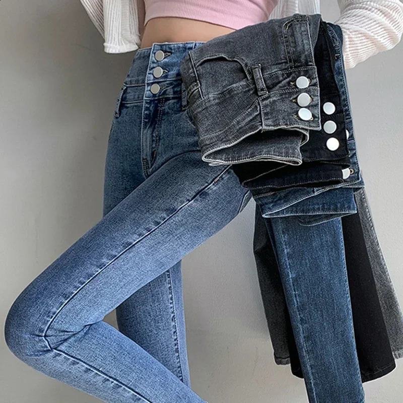 Women's High Waist Stretch Jeans Blue Black Gray Fashionable and Versatile Multi-button Slim Denim Long Pants Female 260921