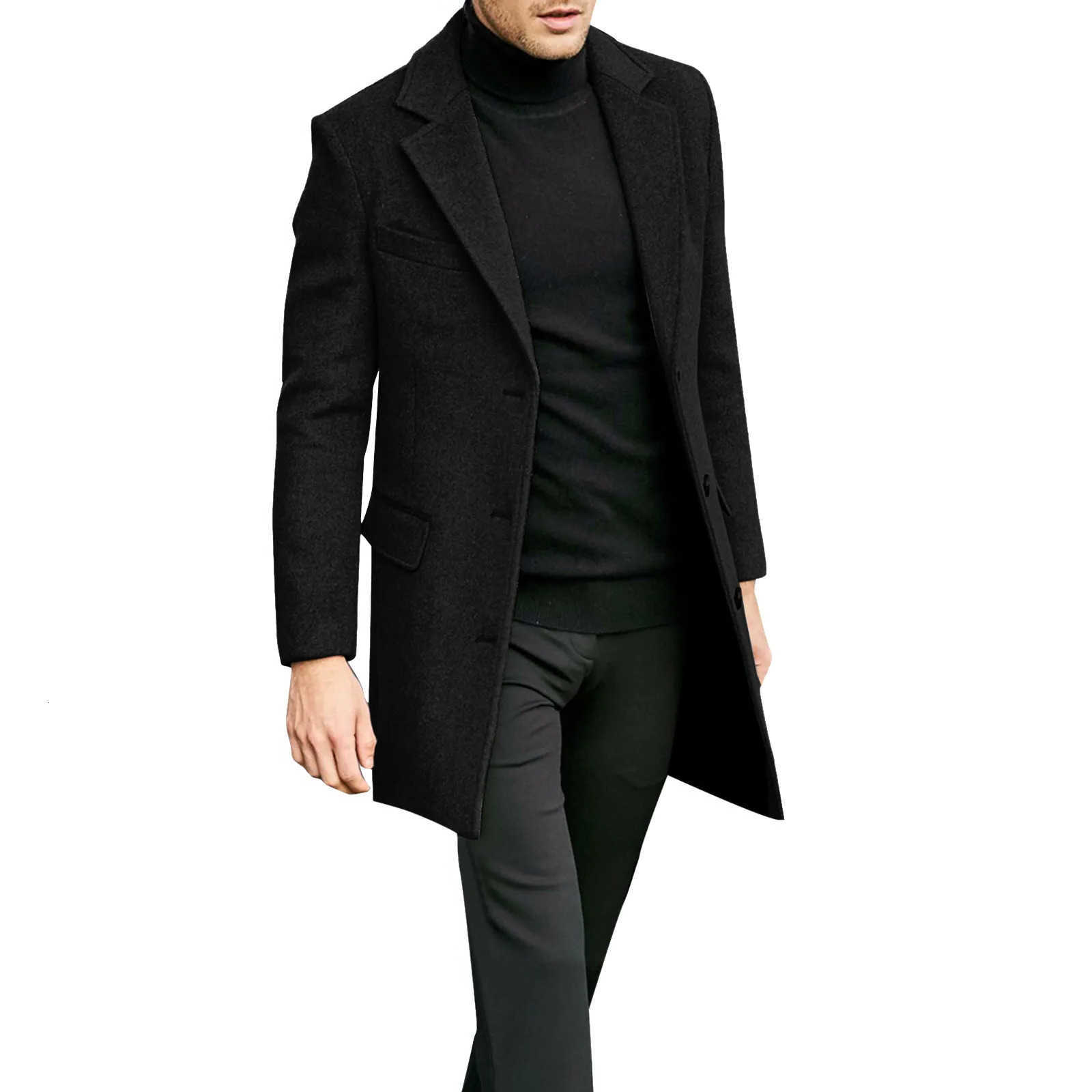 2024 Men's Wool Autumn Blends and Winter Casual Men Clothing British Woolen Overcoat New Style Solid Color Long Sleeve Woolen Material Trendy S