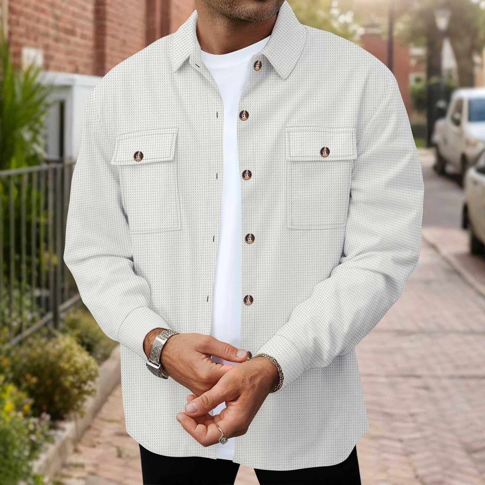 Casual Men's Casual Shirts Mens Waffle Texture Button Up Shirt Long Sleeve Lapel Collar Pocketed Shacket Fashion Oversized Blouse for Men H2609