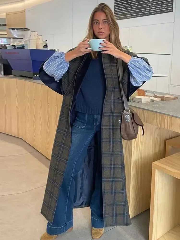 HH 2026 Women's Fashion Retro Versatile Lapel Double-Breasted Plaid Wool Jacket Female Temperament Casual Long Coat Jacket Mujer T260829