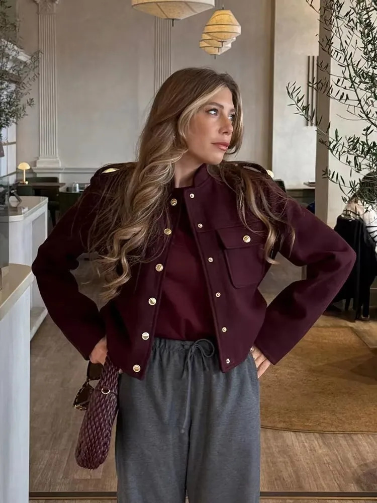 HH Women Vintage Wine Red Coat O Neck Long Sleeve Single Breasted Jacket With Pockets Autumn Casual Office Lady Outerwear 260920