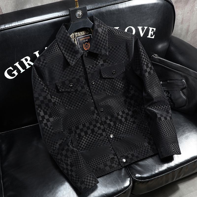 Luxurious Designer Youth Men's Checkered Leather Jacket With Cotton Mid-aged Soft Leather Floral Coat