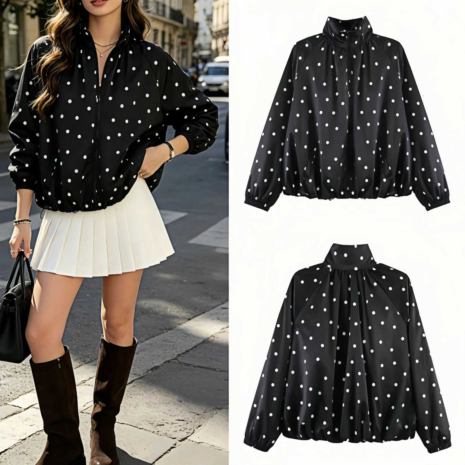 Women's Jackets Spring Polka Dot Coat Womens 2026 High Neck Long Sleeve Zip Loose Casual Chic Jacket Outerwear Street Polka Dot C260921