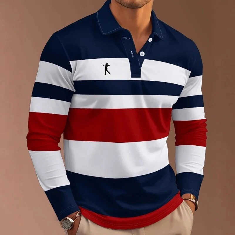striped Men's Men's Casual Shirts rugby polo long-sleeved collar shirt casual school outdoor sports casual 3d spring autumn and winter H26