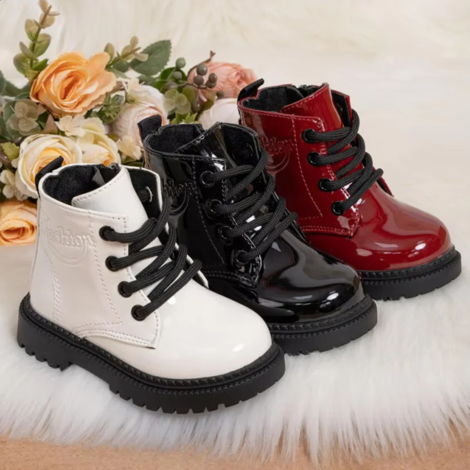 Zapatos para niños de otoño e invierno, botas impermeables de cuero PU para niños, botas altas con cordones y cremallera a la moda para niños y niña