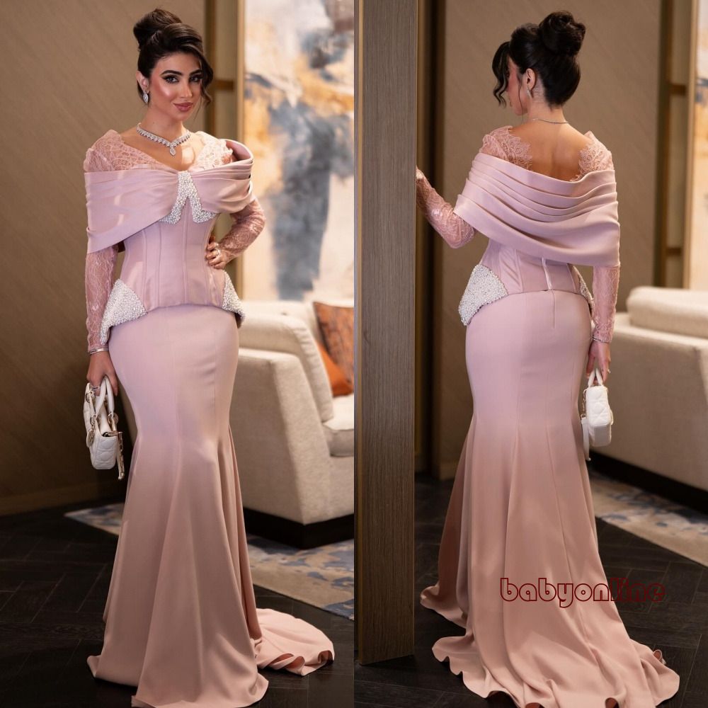 Elegant Pink Mermaid Evening Dresses Dubai Arabic Mermaid Off Shoulder Long Sleeve Lace Beading Party Celebrity Gowns Women Formal Occasion Dresses