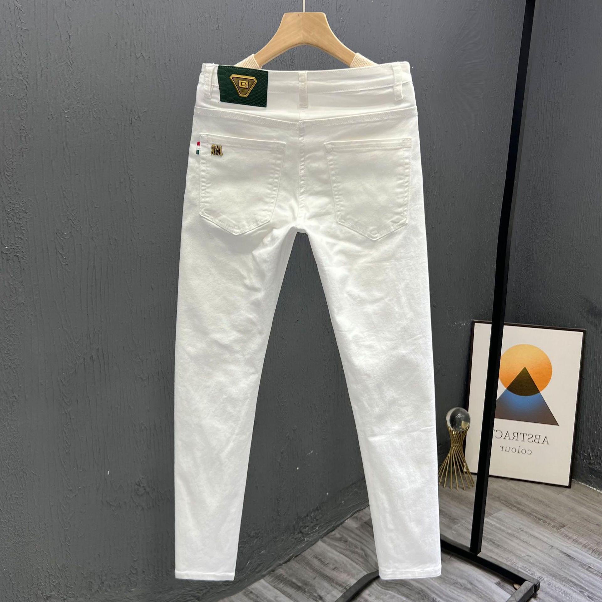 Men Jeans Luxury Brand Designer Clothes High End White Simple Summer Trendy Men's Business Cotton Skinny Jeans Slim Fit Cropped Pants trousers