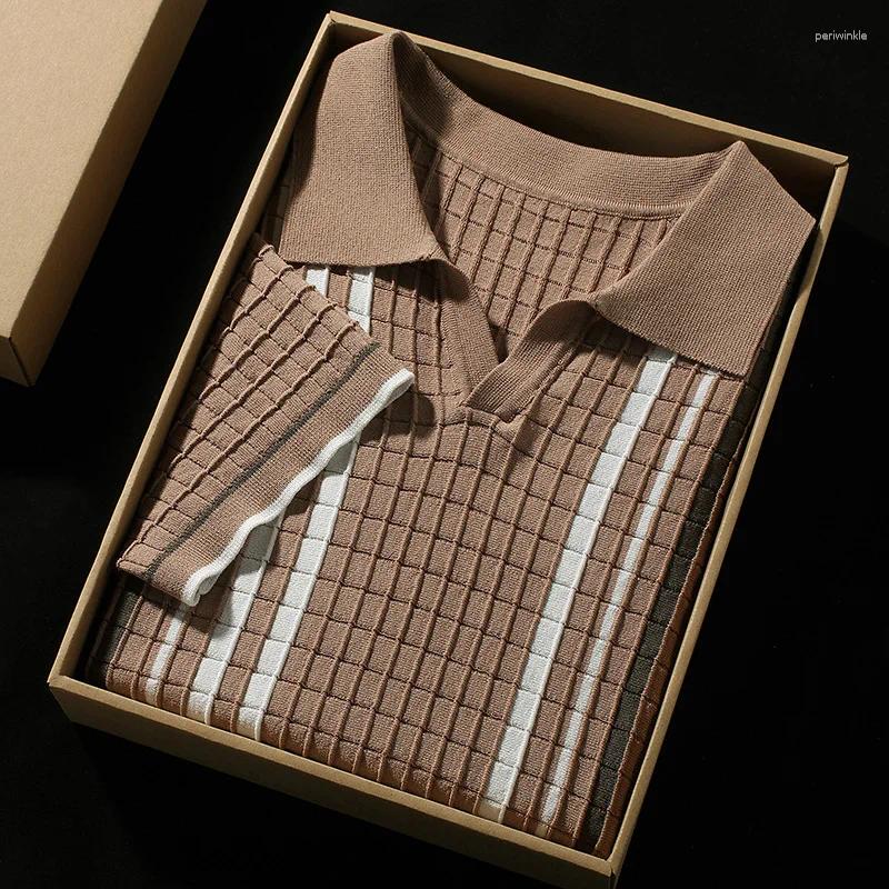 Daily Casual Mens Knitted Polo Shirts 2026 Summer Fashion Striped Knit Pullovers Men Stylish Turn-down Collar Top
