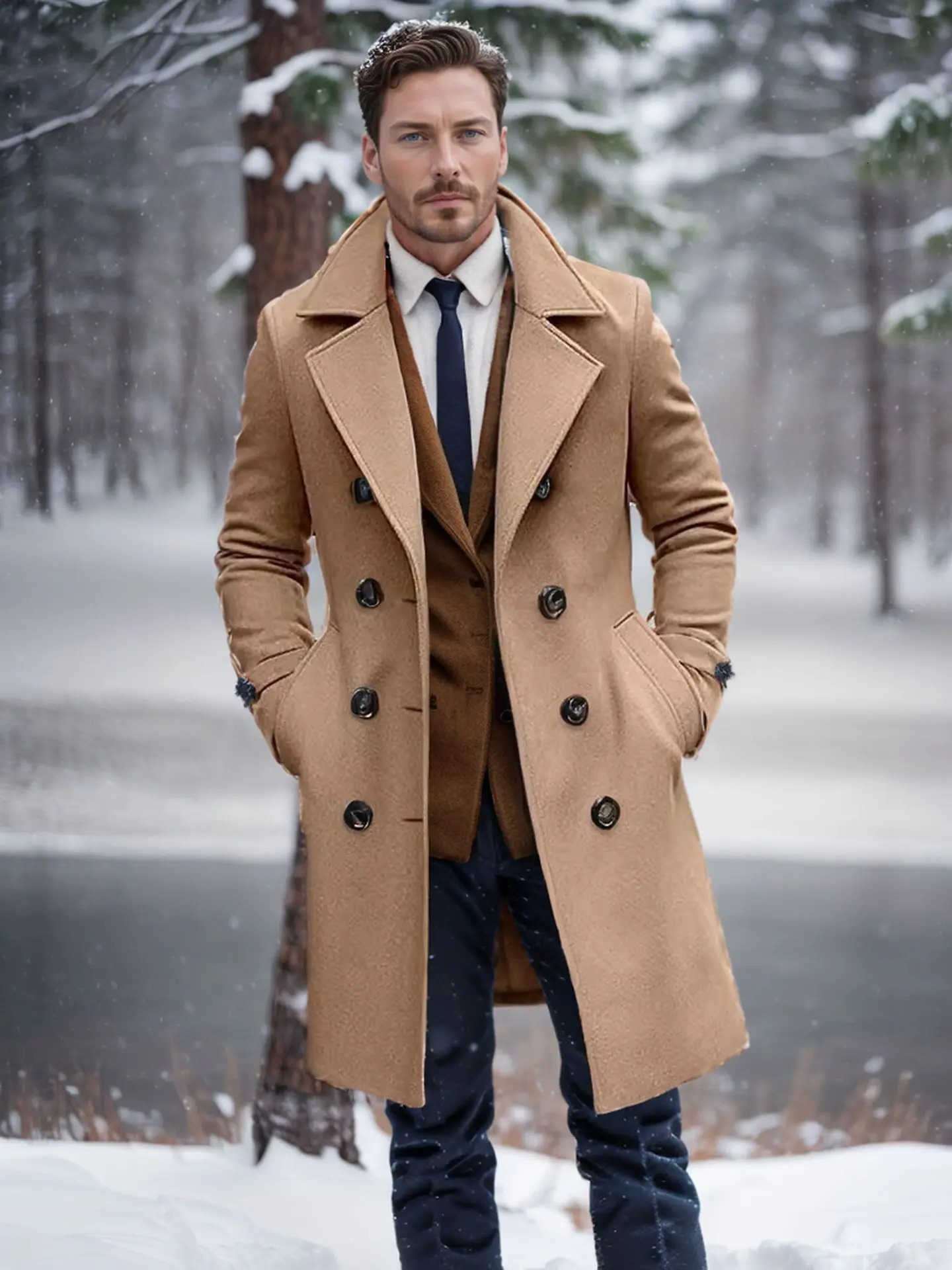 Wool Blends Men Double Men's Breasted Trench Coat Wool Blend Autumn Winter Solid Casual Slim Fit Long Jacket Wool Coat Fashion Male Clothing D2